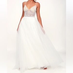 LULU’S Caprice Beaded Rhinestone Lace-Up Maxi Dress Wedding Bridal Ivory Size 4